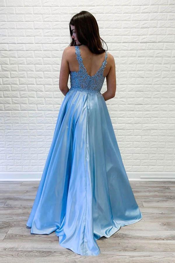 A-line V neck Lace Long Prom Dresses Blue Evening Party Dresses